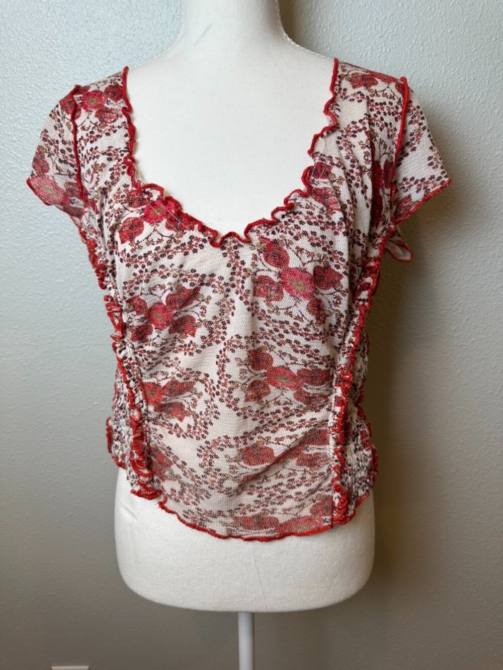 Free People Oh My Baby Tee Medium Floral Lettuce Edge Crop Mesh Top Red Fairy
